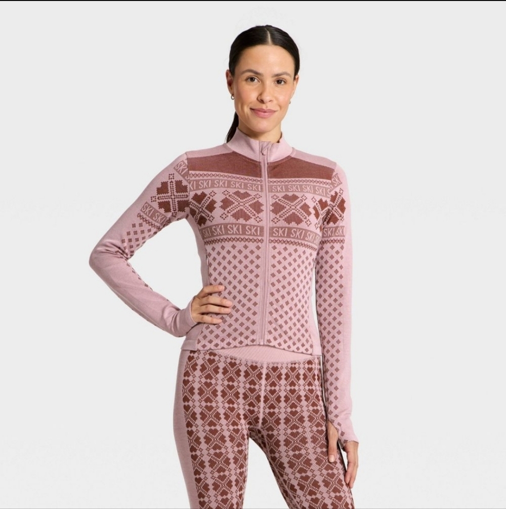 Women's Seamless Fair Isle Printed Full Zip Jacket All In Motion Maroon/Light L - Picture 1 of 5